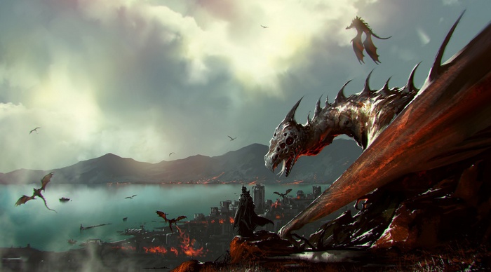 Dragons attacking a burning city by the sea