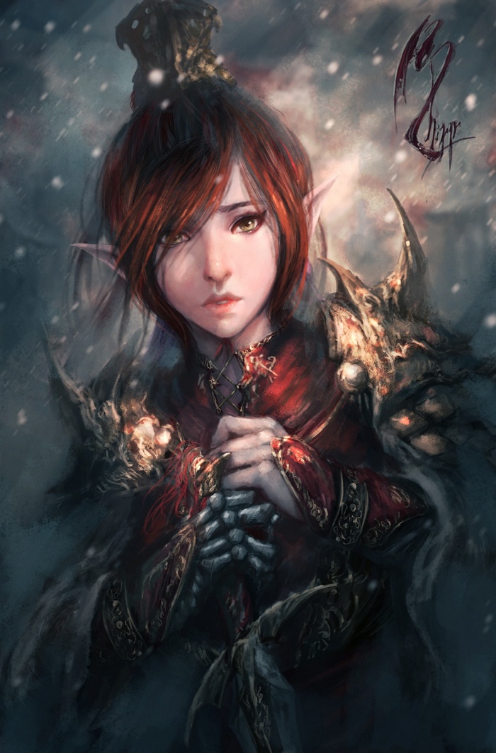 Fantasy elf warrior in snowy environment