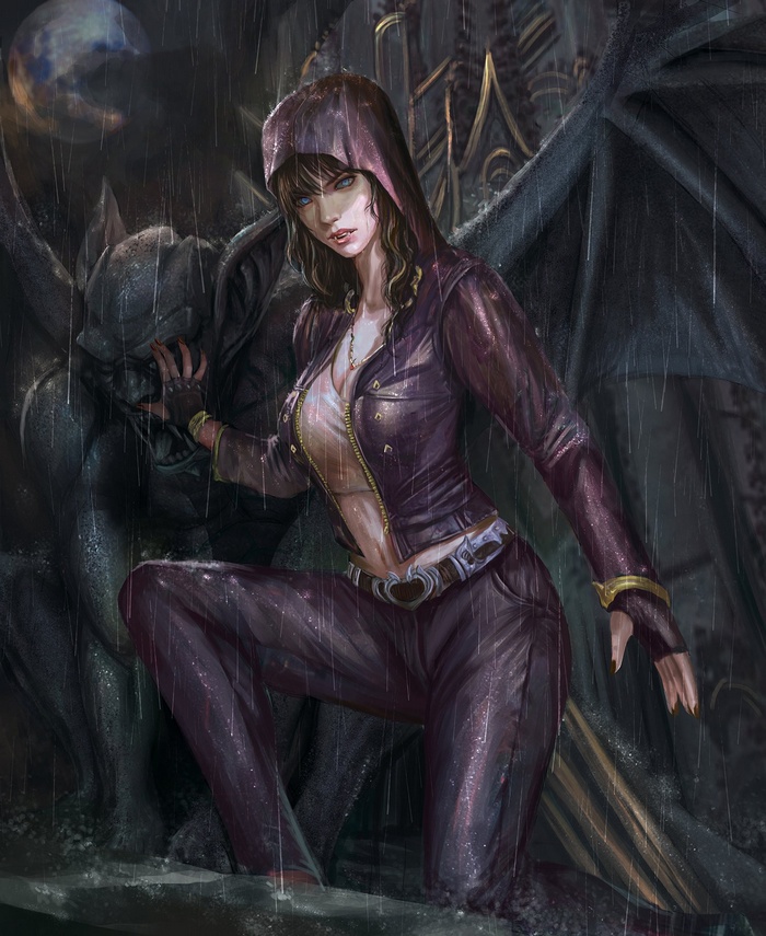 Woman in hooded jacket with gargoyle in rain