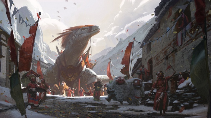 Dragon parade in a snowy mountain village