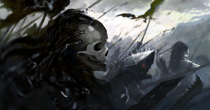 Fantasy Art of a Skull Warrior and Monsters
