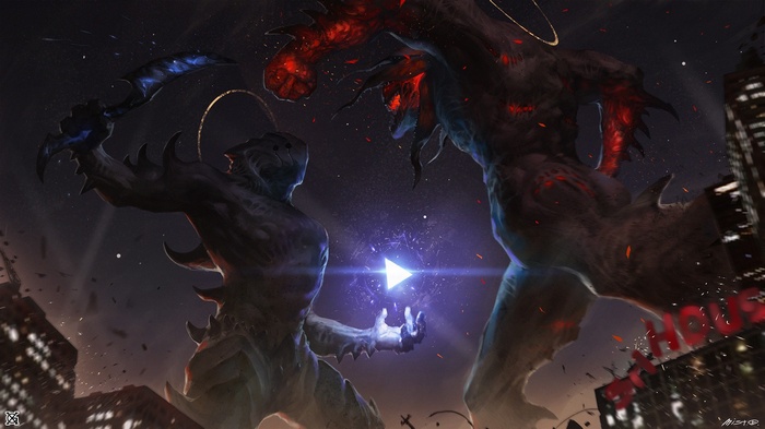 Two Kaiju fight in a city at night