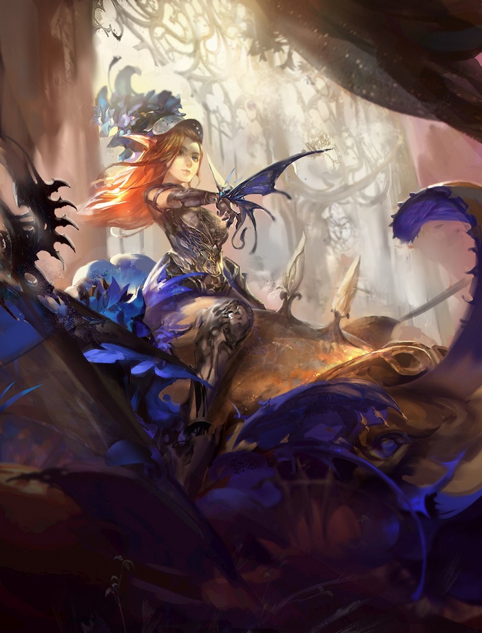 Elf warrior riding a creature in a forest