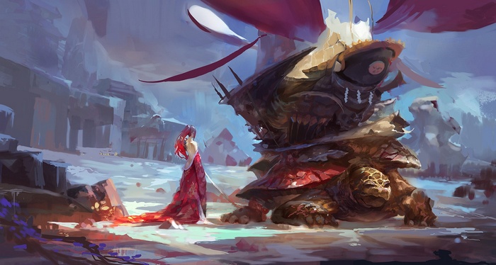 Fantasy art of a woman and a giant turtle creature