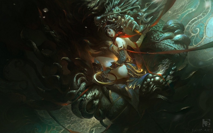 Woman riding a dragon in fantasy art