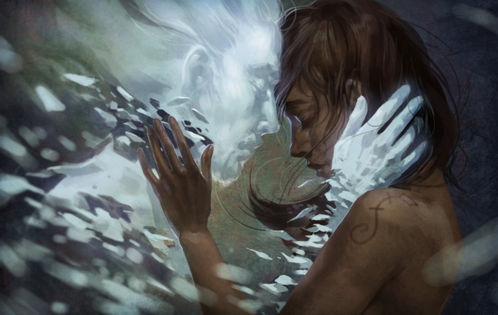 Fantasy art of a person and a spirit