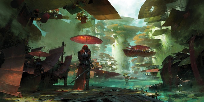 Fantasy art of a person with a Japanese umbrella