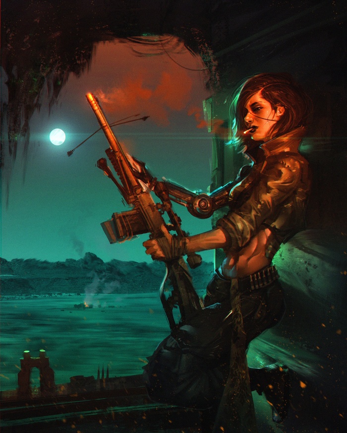 Woman with futuristic weapon and cybernetic arm
