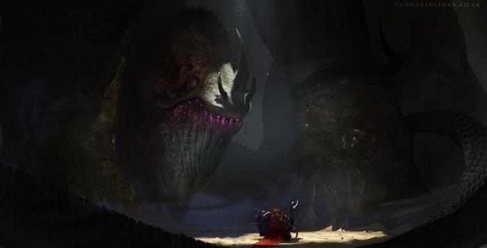 Giant creature confronts a king and queen