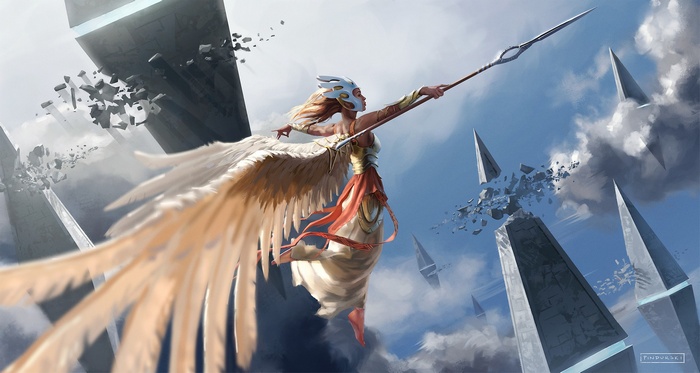 Angel with Spear Flying Among Shattering Structures