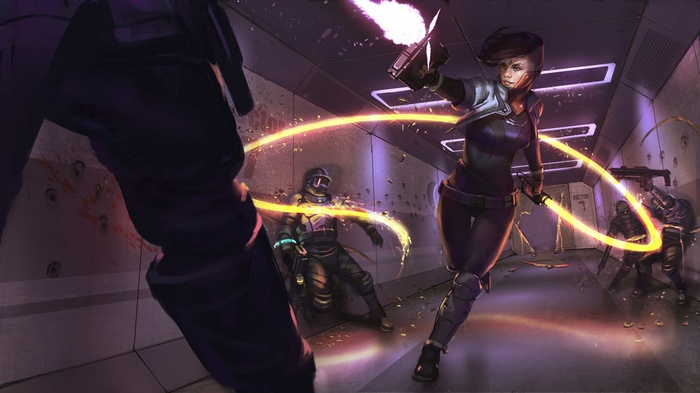 Futuristic soldiers in a firefight in a corridor