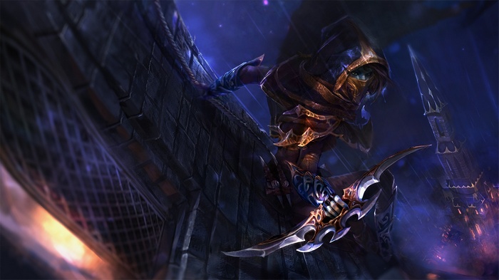 Phantom Assassin from Dota 2 on a dark rooftop
