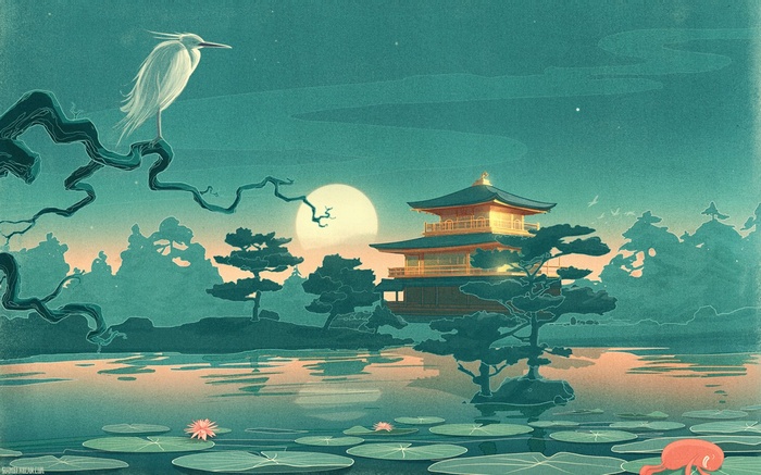 nature, leaves, forest, water, drawing, branch, birds, artwork, trees, house, water lilies, lake, animals, Japanese, Asian architecture, night, stars, Moon