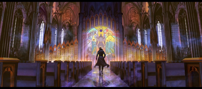 Man walks through a gothic cathedral towards stained glass
