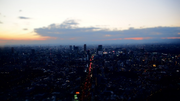 Tilt shift cityscape of Tokyo at sunset