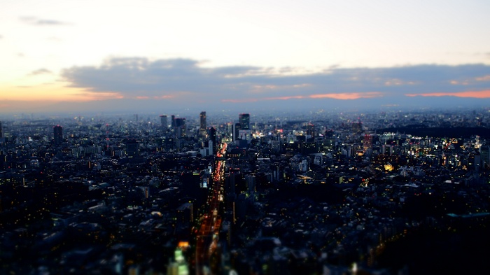 Tilt Shift Aerial View of Tokyo Cityscape at Dusk