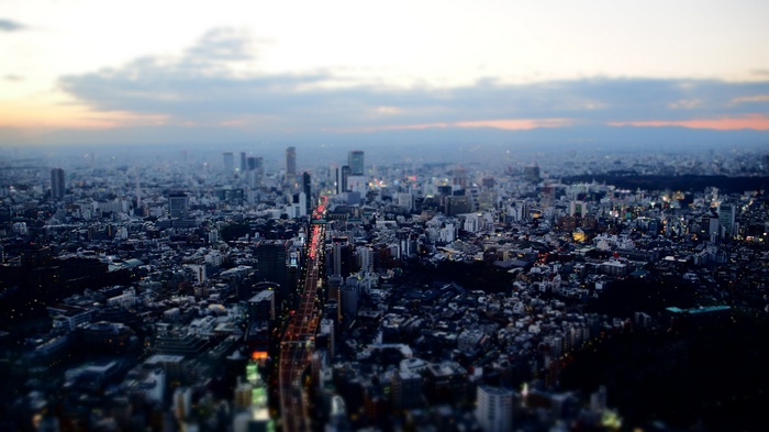 Tokyo cityscape at sunset with tilt-shift effect