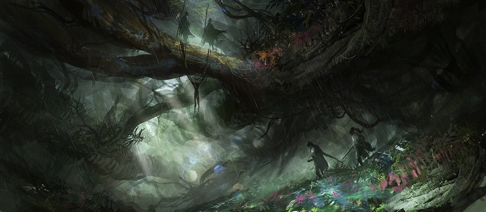 Fantasy art of a dark, overgrown forest with figures