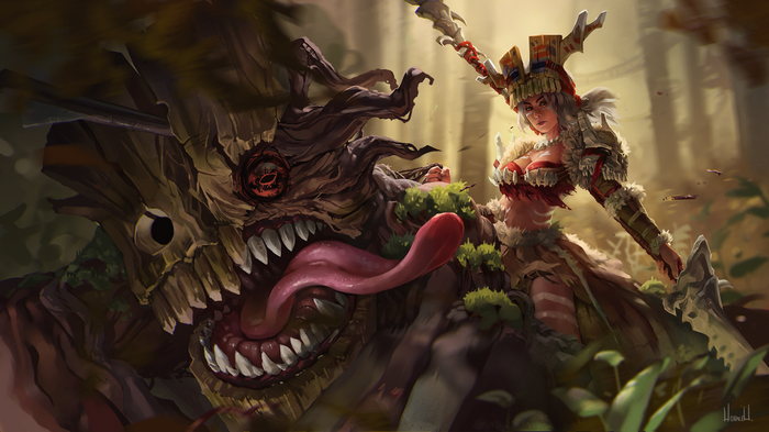 Tribal warrior fighting a tree monster in a forest