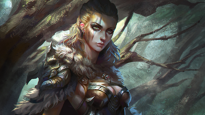 Fantasy girl with war paint in a forest