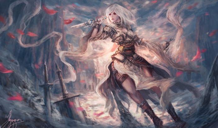 Fantasy art of a warrior woman with swords