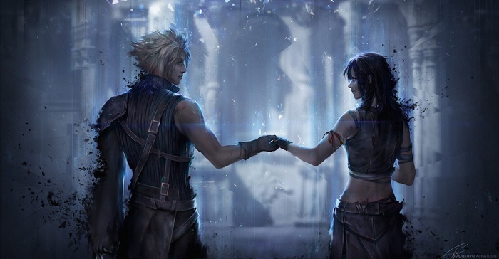 Cloud Strife and Tifa Lockhart holding hands