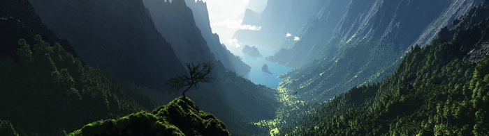 Panoramic view of a mountain valley with a lake