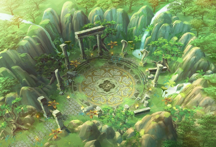 Fantasy art of a ruined ancient temple in a forest
