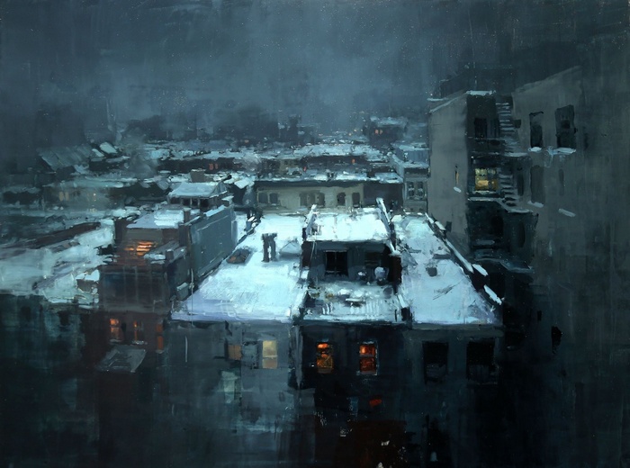 Painting of a snowy cityscape at night