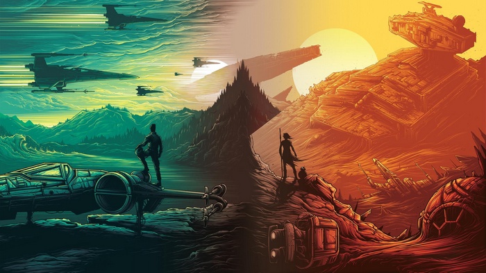 Star Wars: Poe Dameron and Rey with X-wing and Star Destroyer