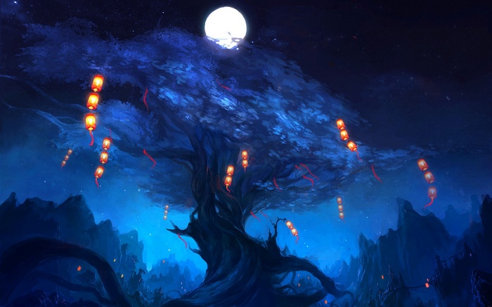 Enchanted tree with lanterns under a full moon
