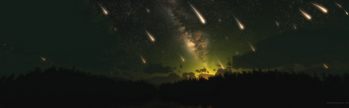 Meteors shower over a dark forest at night