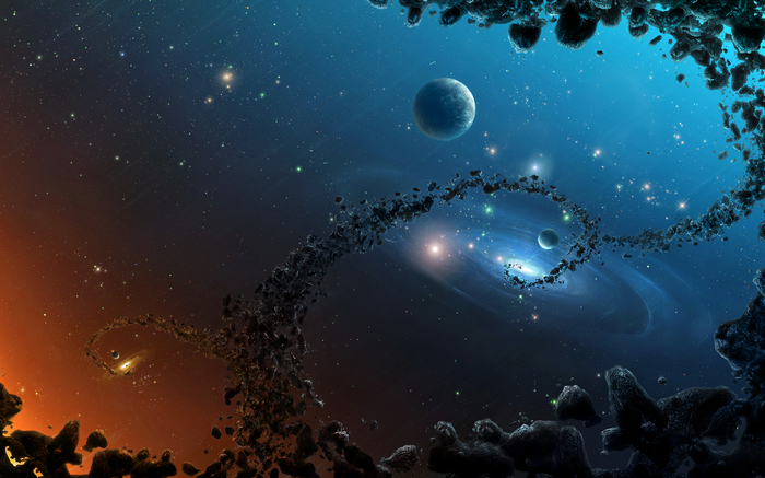 Space art with planets and asteroid rings