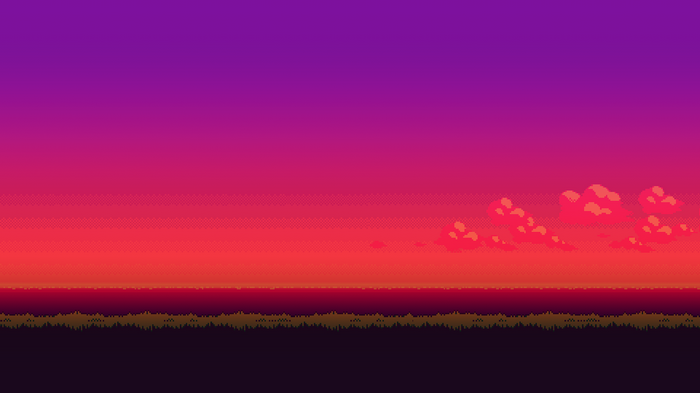 Pixel art landscape with a vibrant sunset