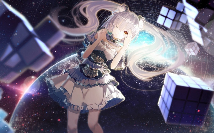Girl with white twintails and yellow eyes in space