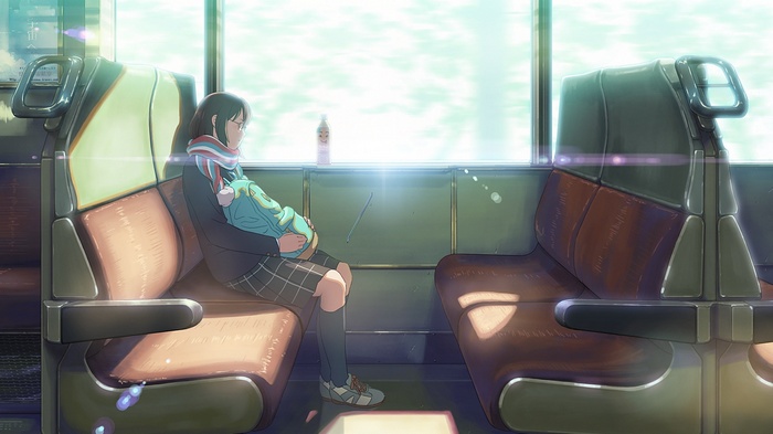 Anime girl sitting on a train holding a baby