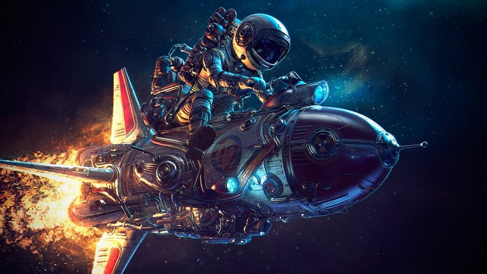 Astronaut riding a rocket through space