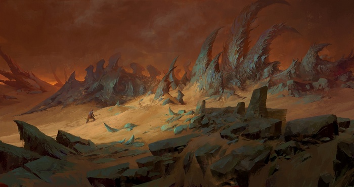 Fantasy warrior in a desolate, rocky landscape