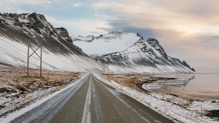 nature, snow, winter, road, landscape, Reykjavik, lake, snowy peak ...