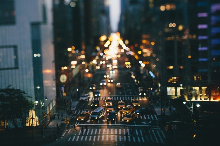 Tilt shift view of New York City traffic at night