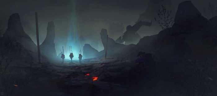 Figures carrying ladders approach a glowing blue light in a barren wasteland.