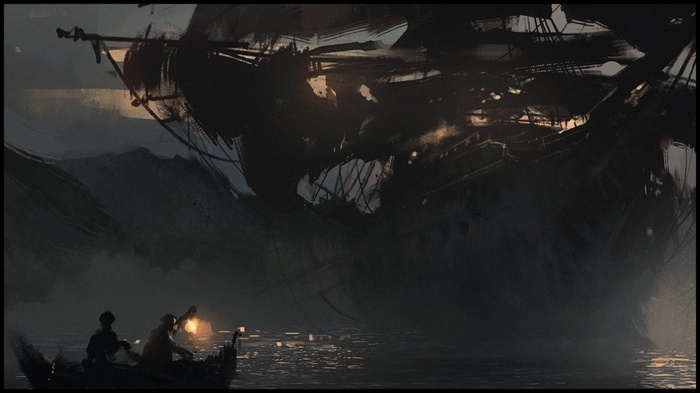 Two people in a boat near a large, dark ship