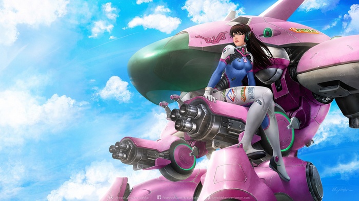 D.Va sitting on her pink mech in the sky