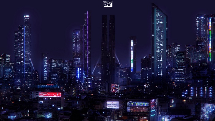 Futuristic cyberpunk city skyline at night with neon lights