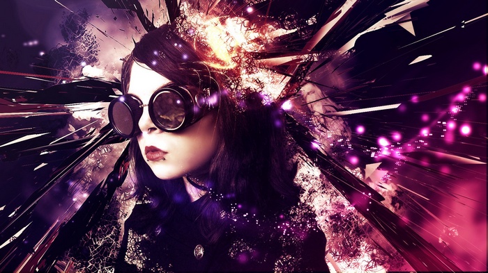 Woman with goggles and abstract explosion