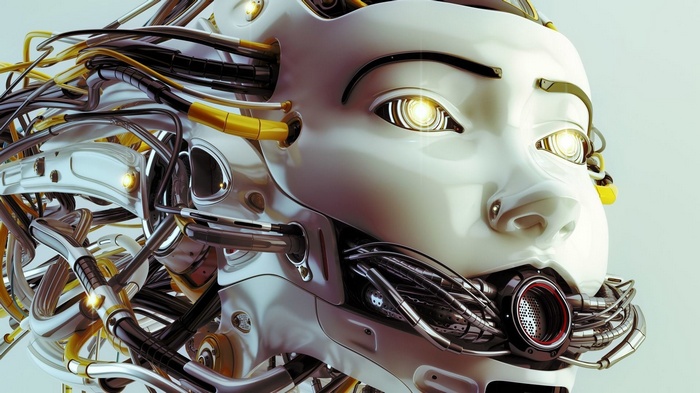 Close-up of a detailed science fiction robot head