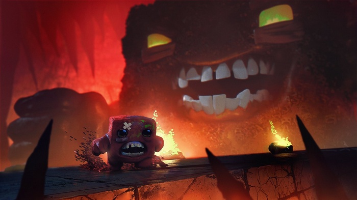 Super Meat Boy in a fiery landscape