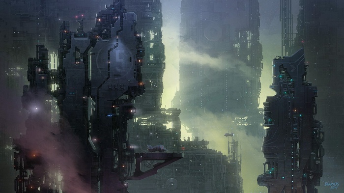 Futuristic cyberpunk city with towering structures