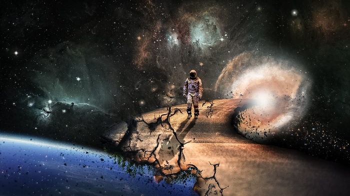 Astronaut standing on a cracked road in space with Earth and galaxy