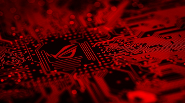Republic of Gamers logo on a red circuit board